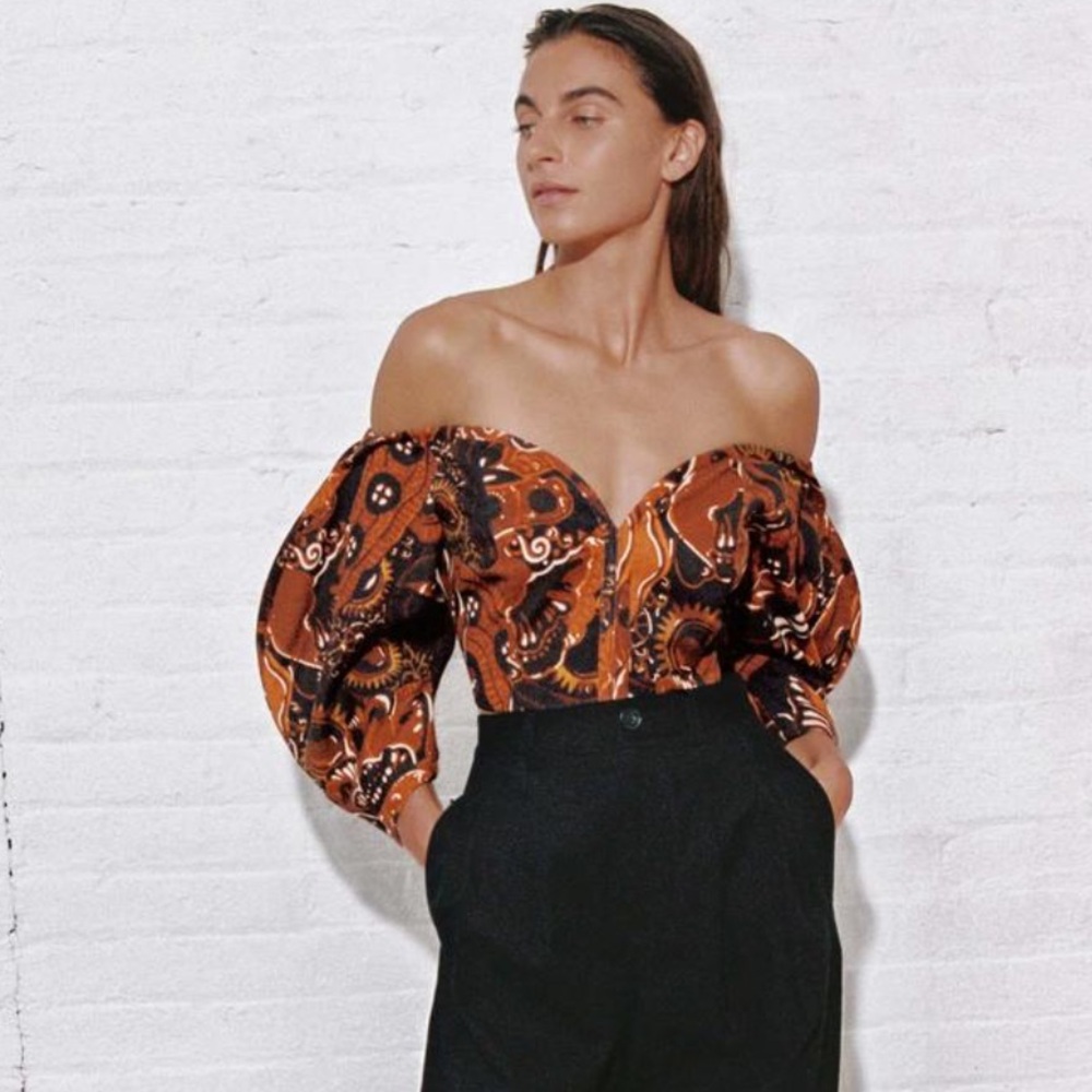 Mara Hoffman Juana Brown and Black Puff Sleeve Top NEW Size 0